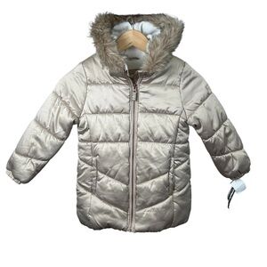 Children's Beige Puffer Jacket with Faux Fur Hood